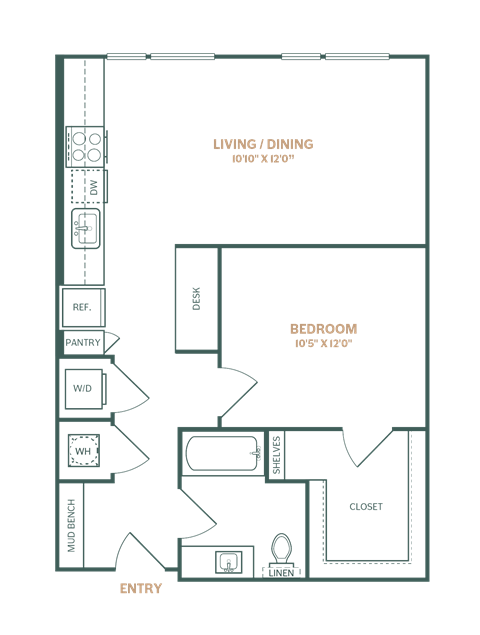 Floor plan for studio, 1 bath, 732 sqft